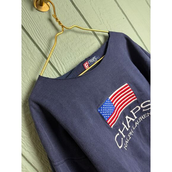Vintage Chaps Ralph Lauren Flag Sweatshirt USA Embroidered Logo L Raw Cut Neck - Picture 3 of 7